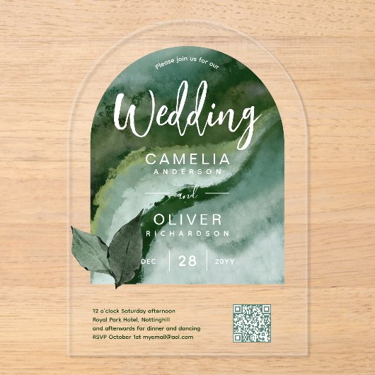 Invitations En Acrylique ACRYLIC MARIAGE Nature vert Code QR Site Web RSVP (Recto)