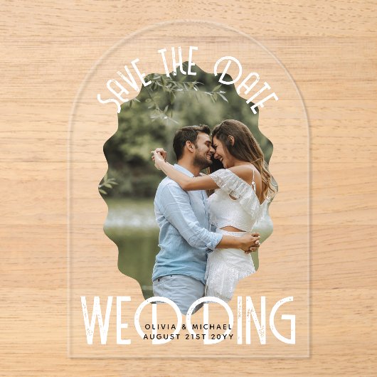 Invitations En Acrylique ACRYLIC Photo Enregistrer Date Moderne Elégant Tex (Recto)