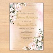 Invitations En Acrylique Acrylic pink floral first communion in spanish (Recto)