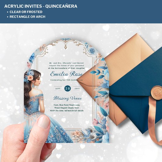 Invitations En Acrylique ACRYLIC Quinceañera Blue Silver Peach Robe Florale