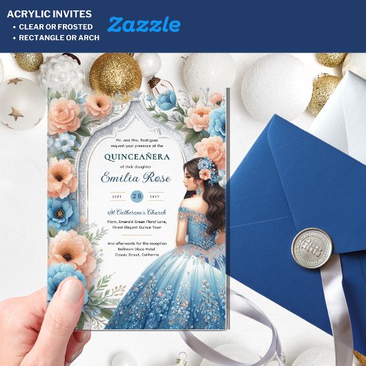 Invitations En Acrylique ACRYLIC Quinceañera Blue Silver Peach Robe Florale