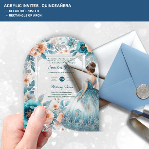 Invitations En Acrylique ACRYLIC Quinceañera Blue Silver Peach Robe Florale