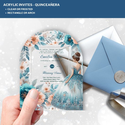 Invitations En Acrylique ACRYLIC Quinceañera Blue Silver Peach Robe Florale