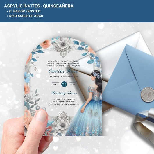 Invitations En Acrylique ACRYLIC Quinceañera Blue Silver Peach Robe Florale