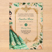 Invitations En Acrylique ACRYLIC Quinceañera Emerald GREEN Gold robe (Recto)