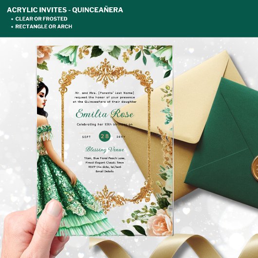 Invitations En Acrylique ACRYLIC Quinceañera Emerald GREEN Gold robe