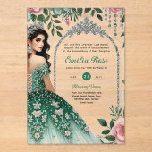 Invitations En Acrylique ACRYLIC Quinceañera Emerald GREEN Silver Robe (Recto)