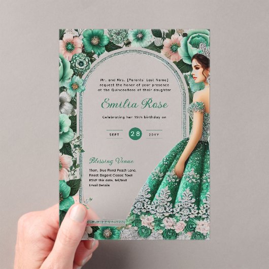 Invitations En Acrylique ACRYLIC Quinceañera Emerald GREEN Silver Robe (In situ (ordinateur de poche))