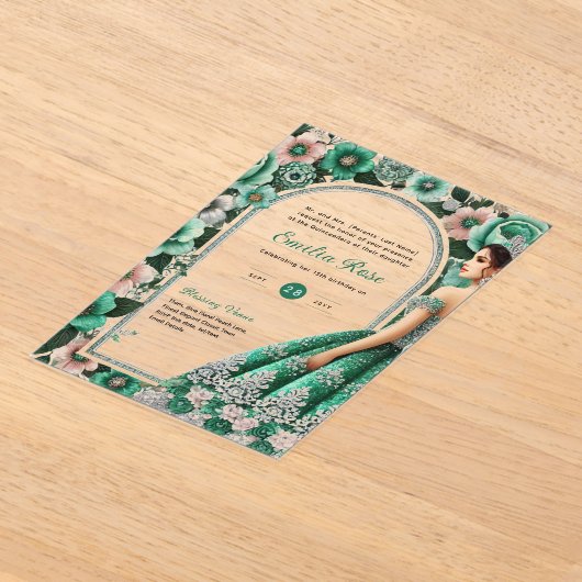 Invitations En Acrylique ACRYLIC Quinceañera Emerald GREEN Silver Robe (Poser)