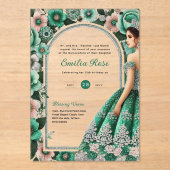 Invitations En Acrylique ACRYLIC Quinceañera Emerald GREEN Silver Robe (Recto)