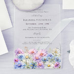 Invitations En Acrylique ACRYLIC SURPRISE PARTY 21 September Birth Flower<br><div class="desc">Elegant watercolor asters create a floral border at the bottom of this transparent acrylic birthday invitation. The soft pastel purple,  pink blue and white flowers are the September birthday month flower making this the perfect theme for your September birthday.</div>