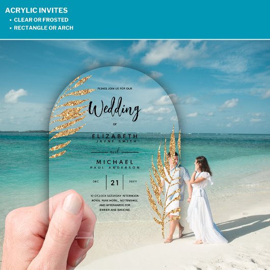 Invitations En Acrylique ACRYLIC Wedding Invite Tropical Gold Leaf Beach