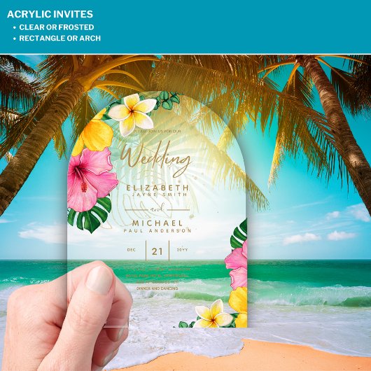 Invitations En Acrylique ACRYLIC Wedding Invite Tropical Gold Leaf Beach