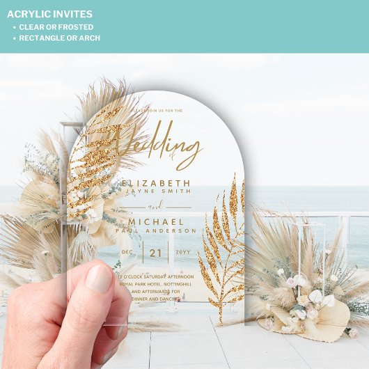 Invitations En Acrylique ACRYLIC Wedding Invite Tropical Gold Leaf Beach