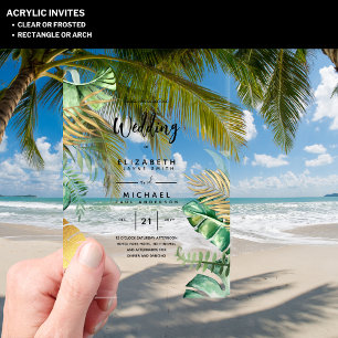 Invitations En Acrylique ACRYLIC Wedding Invite Tropical Gold Leaf Beach