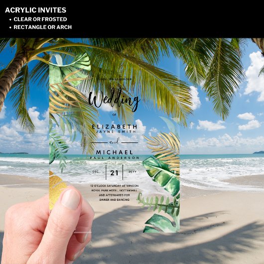 Invitations En Acrylique ACRYLIC Wedding Invite Tropical Gold Leaf Beach