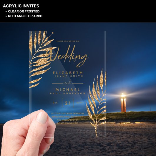 Invitations En Acrylique ACRYLIC Wedding Invite Tropical Gold Leaf Beach
