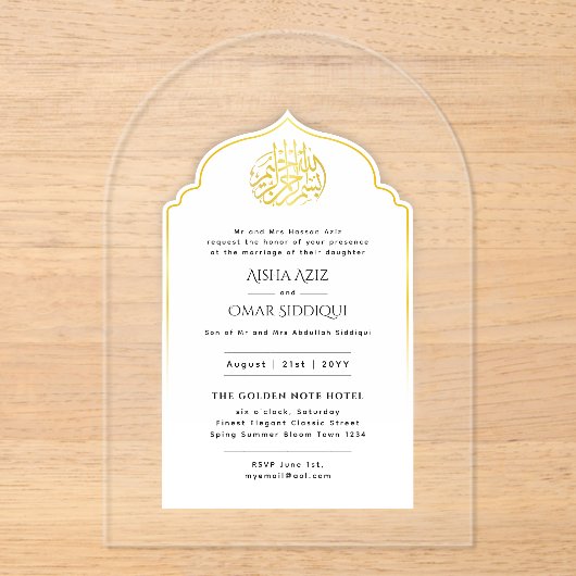 Invitations En Acrylique ACRYLIQUE NIKAH WALIMA Blanc Or Élégant (Recto)