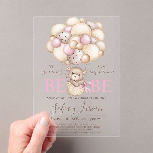 Invitations En Acrylique Acrylique ours ballons Baby shower fille espagnole (In situ (ordinateur de poche))