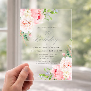 Invitations En Acrylique ACRYLIQUE TRANSPARENT Fleur de Pivoine Rose 35e An