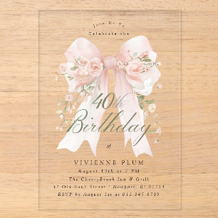 Invitations En Acrylique ACRYLIQUE TRANSPARENT Rose Florale Ruban Rose 40e