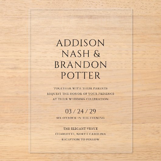 Invitations En Acrylique Addison Noir et Blanc Classique Mariage élégant (Recto)