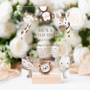 Invitations En Acrylique Adorable Safari Animal Thème 1er Anniversaire
