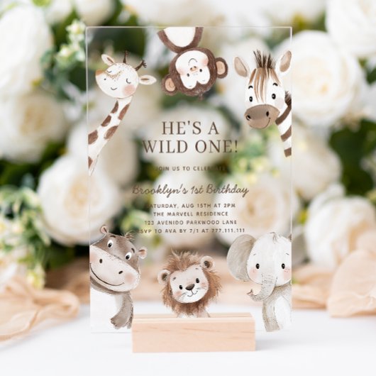 Invitations En Acrylique Adorable Safari Animal Thème 1er Anniversaire