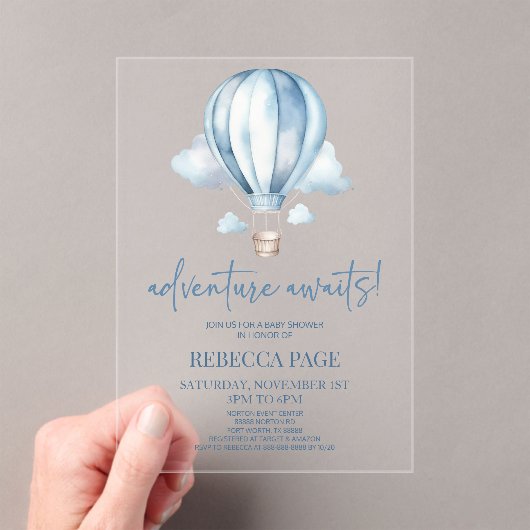 Invitations En Acrylique Adventure Attend ! Baby shower Blue Hot Air Balloo (In situ (ordinateur de poche))
