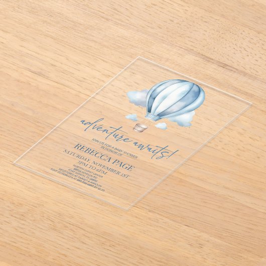 Invitations En Acrylique Adventure Attend ! Baby shower Blue Hot Air Balloo (Poser)