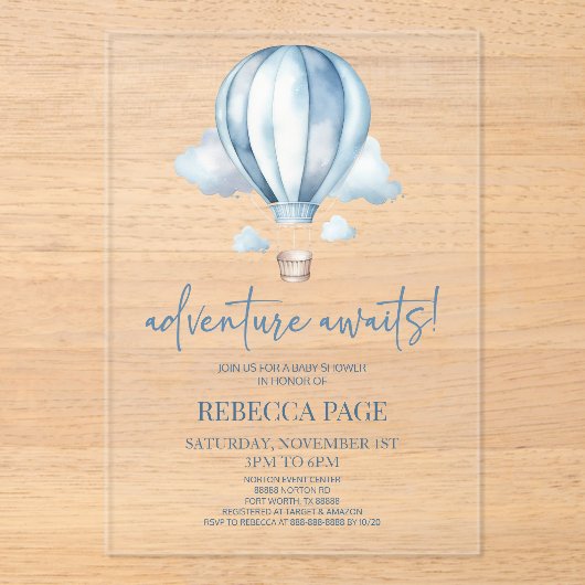 Invitations En Acrylique Adventure Attend ! Baby shower Blue Hot Air Balloo (Recto)
