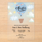 Invitations En Acrylique Adventure Await Blue Air Balloon Baby shower (Recto)