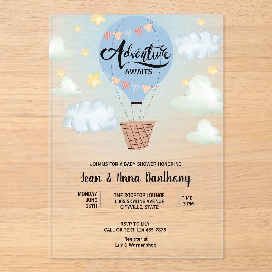 Invitations En Acrylique Adventure Await Blue Air Balloon Baby shower (Recto)
