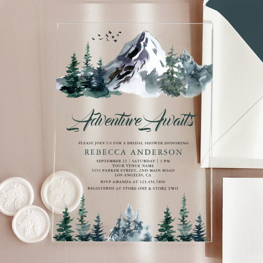 Invitations En Acrylique Adventure Awaits Mountain Forest Bridal Shower
