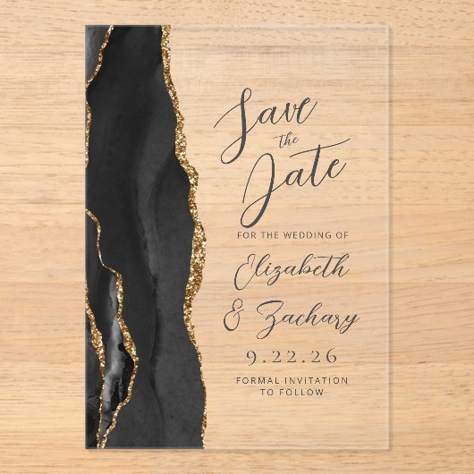 Invitations En Acrylique Agate Black Gold Mariage de script moderne (Recto)