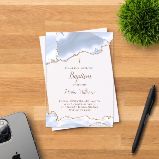 Invitations En Acrylique agate bleu pastel Baptême (Insitu (Carte d'invitation))