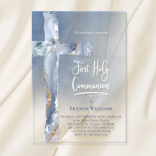 Invitations En Acrylique agate bleu | Première communion