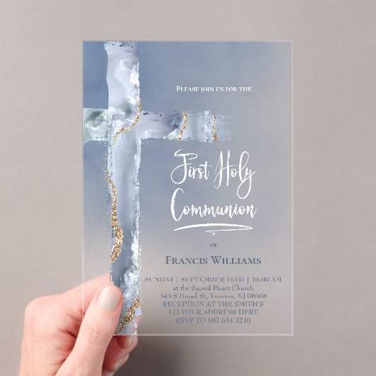 Invitations En Acrylique agate bleue | Première communion (In situ (ordinateur de poche))
