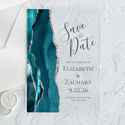 Invitations En Acrylique Agate d'argent bleu turquoise Enregistrer la carte