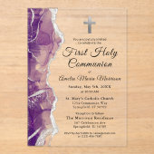 Invitations En Acrylique Agate d'argent pourpre Première Sainte Communion F (Recto)