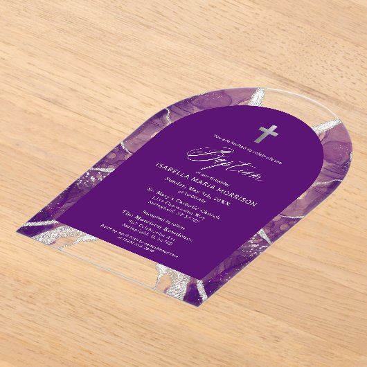 Invitations En Acrylique Agate d'argent violet Baptême moderne Élégant (Poser)
