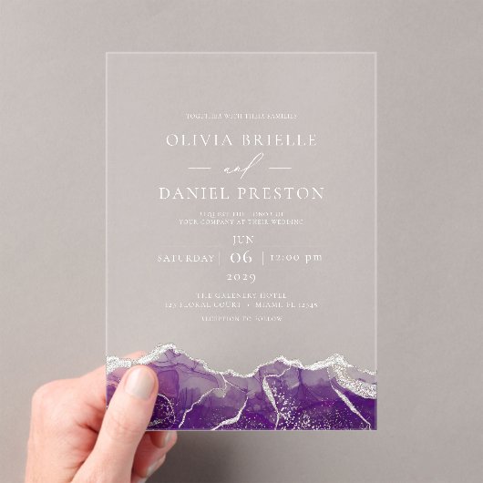 Invitations En Acrylique Agate d'argent violet Élégant Mariage moderne (In situ (ordinateur de poche))