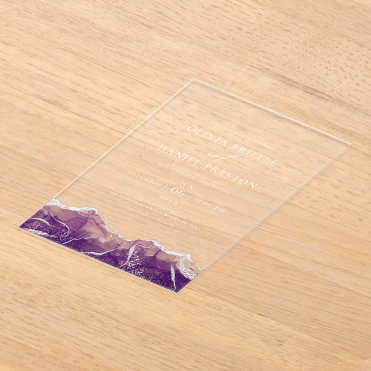 Invitations En Acrylique Agate d'argent violet Élégant Mariage moderne (Poser)