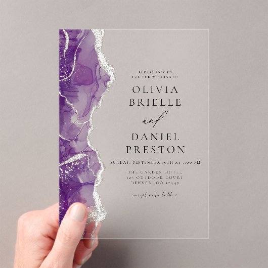 Invitations En Acrylique Agate d'argent violet Élégant Mariage moderne (In situ (ordinateur de poche))