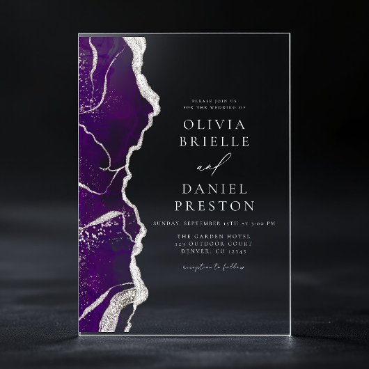 Invitations En Acrylique Agate d'argent violet Élégant Mariage moderne