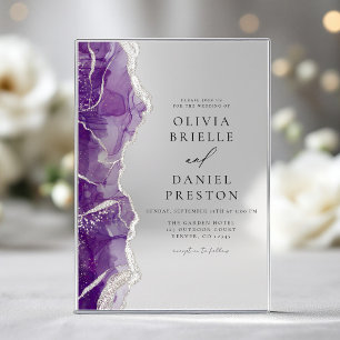 Invitations En Acrylique Agate d'argent violet Élégant Mariage moderne