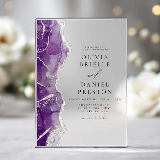 Invitations En Acrylique Agate d'argent violet Élégant Mariage moderne