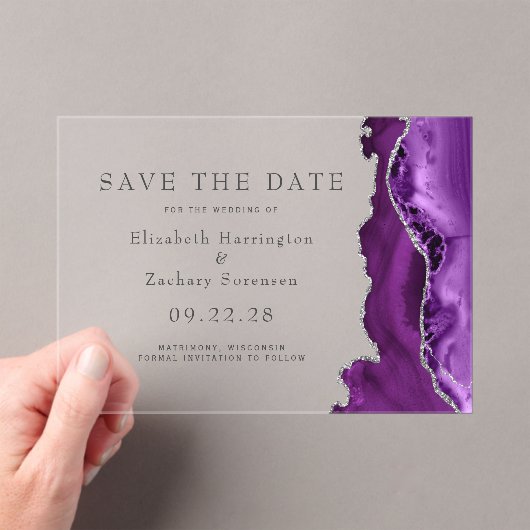Invitations En Acrylique Agate d'argent violet Enregistrer la date (In situ (ordinateur de poche))