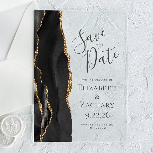 Invitations En Acrylique Agate d'or noir moderne Enregistrer la date