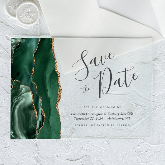Invitations En Acrylique Agate d'or vert d'Emeraude moderne Enregistrer la